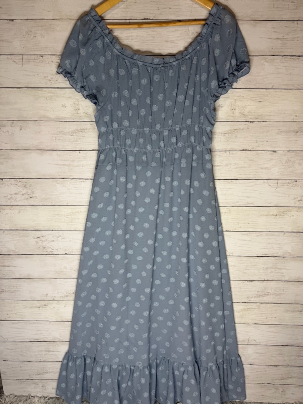 Papillon Swiss Dot Maxi Dress Size L Blue Puff Sleeve Cottagecore Boho - Picture 4 of 4